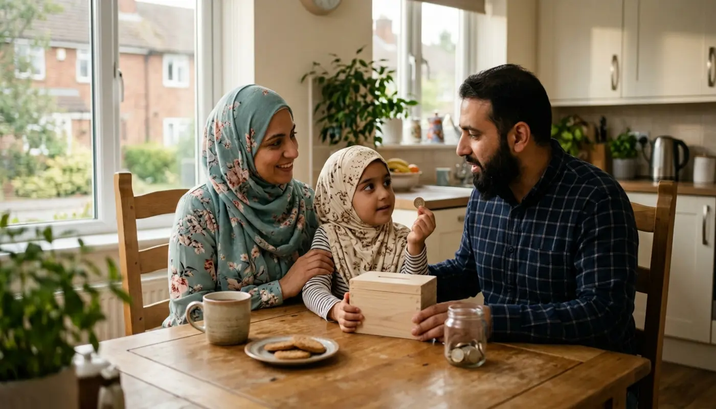 Muslim giving charity with hopeful expression