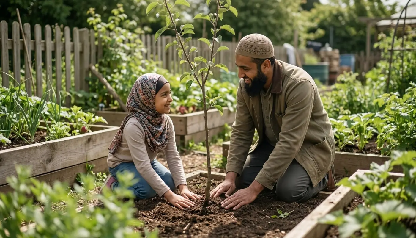 Muslim family giving charity and planting a tree together