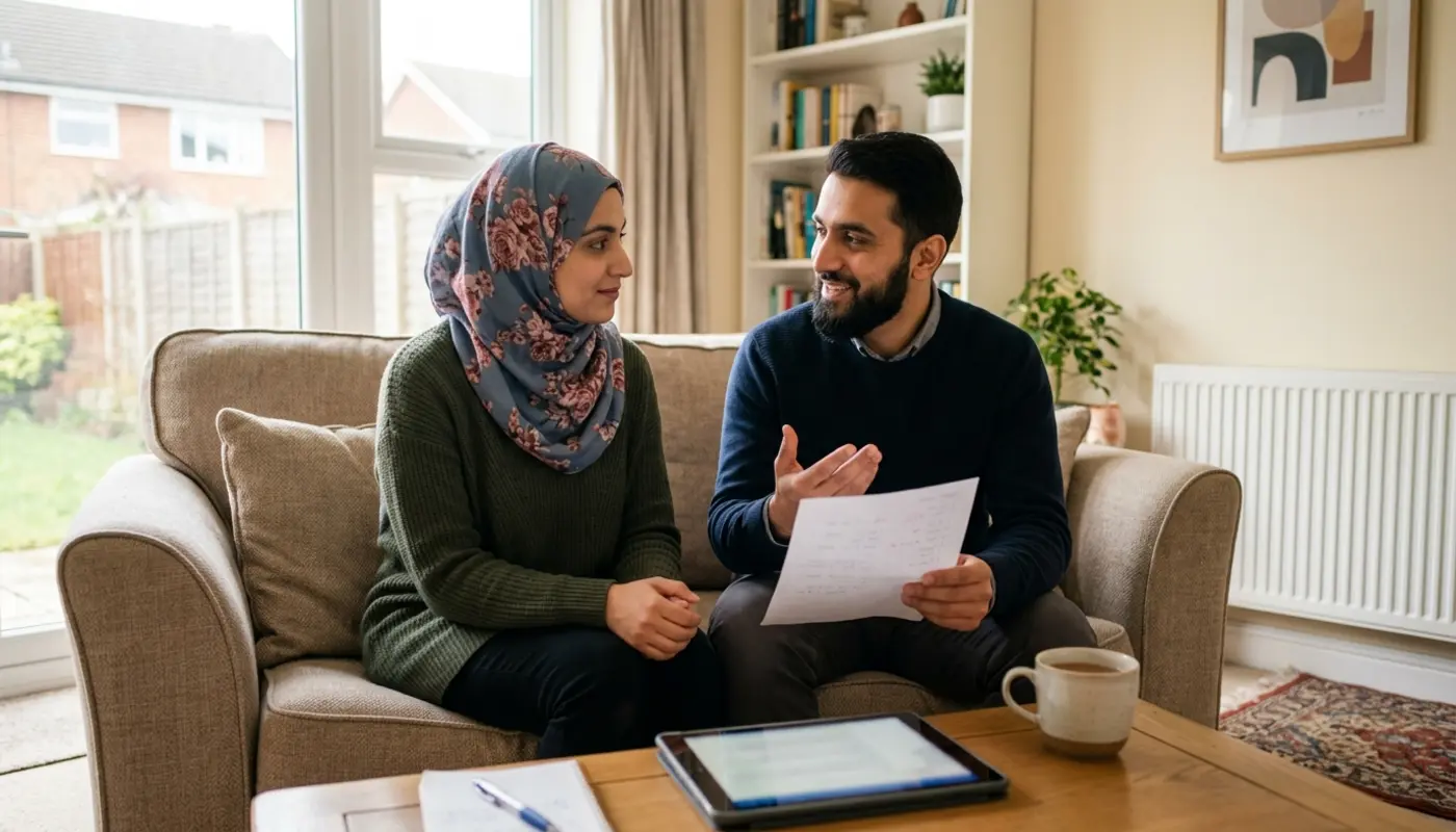 Muslim calculating Zakat with notes and calculator