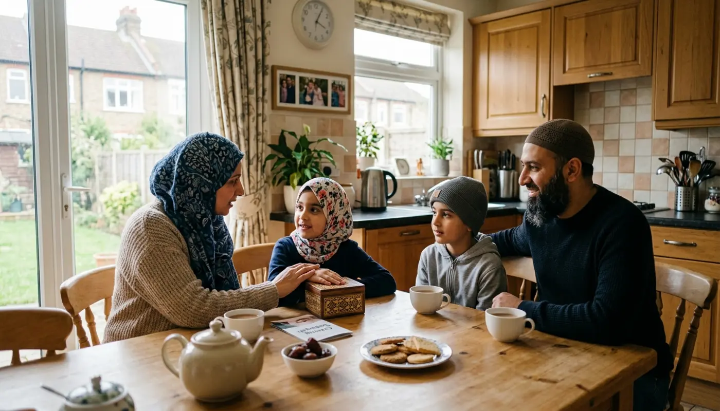 Muslim family giving charity together