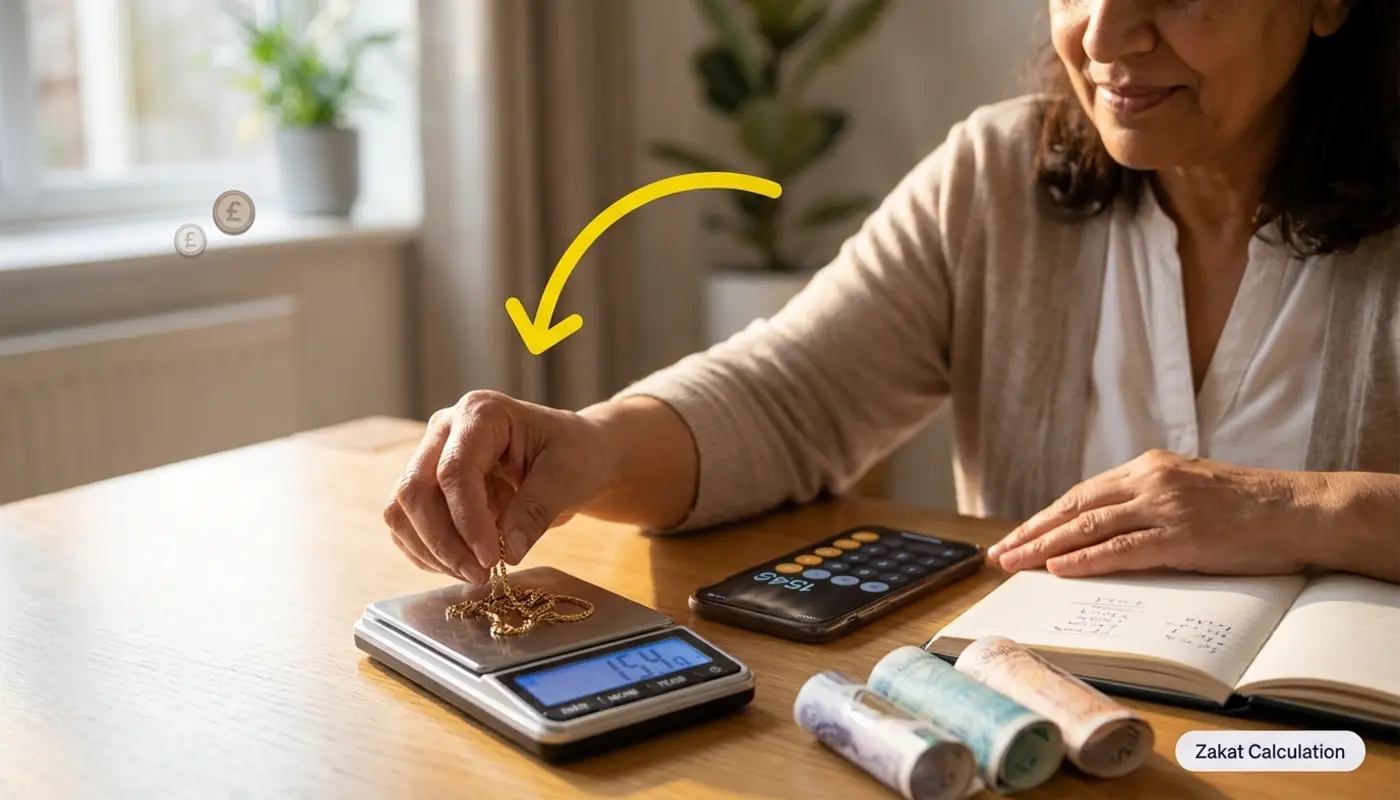 Gold coins and calculator representing Zakat calculation in the UK