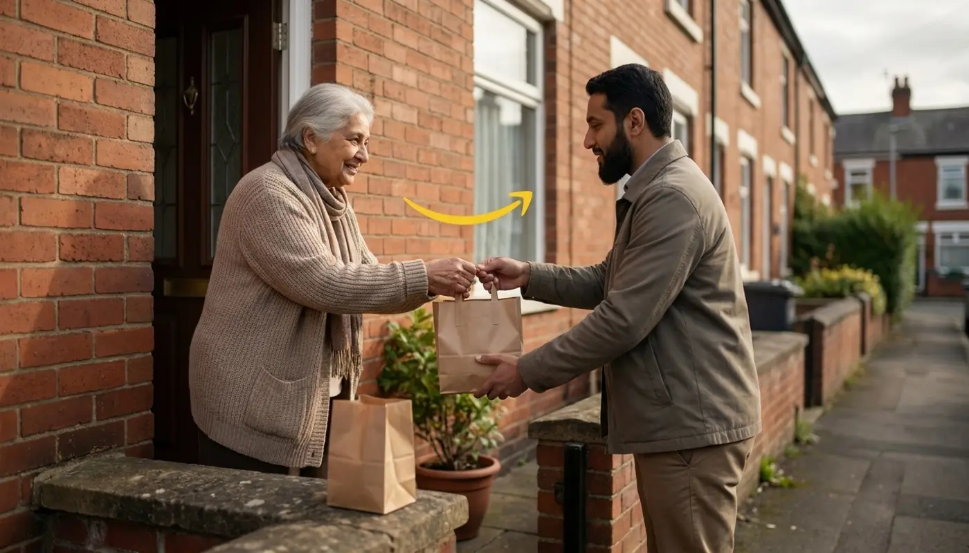 Muslim family giving charity support to a person in need